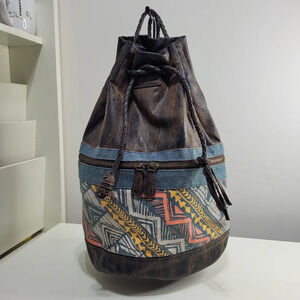 Billabong Faux Leather Drawstring Backpack Bag with BOHO Pattern